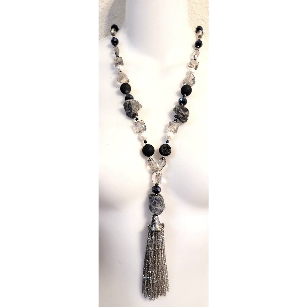 Mica Stone AB Crystal Glass Beaded Fringe Necklace Magnetic Clasp Gray Boho